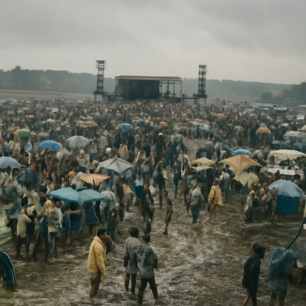 Crowded muddy field on a rainy day with makeshift tents, parked cars and a distant stage platform at the 1969 Woodstock festival site.