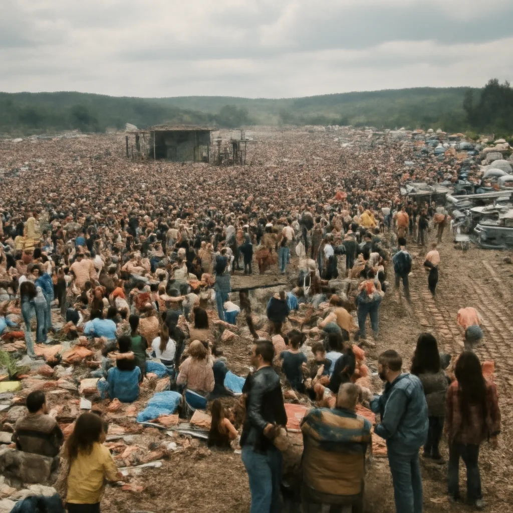 Crowd filling a muddy field in front of a stage on a New York dairy farm, with tents, makeshift shelters and people walking among vehicles; cloudy sky and distant trees indicate rural late summer 1969 setting.