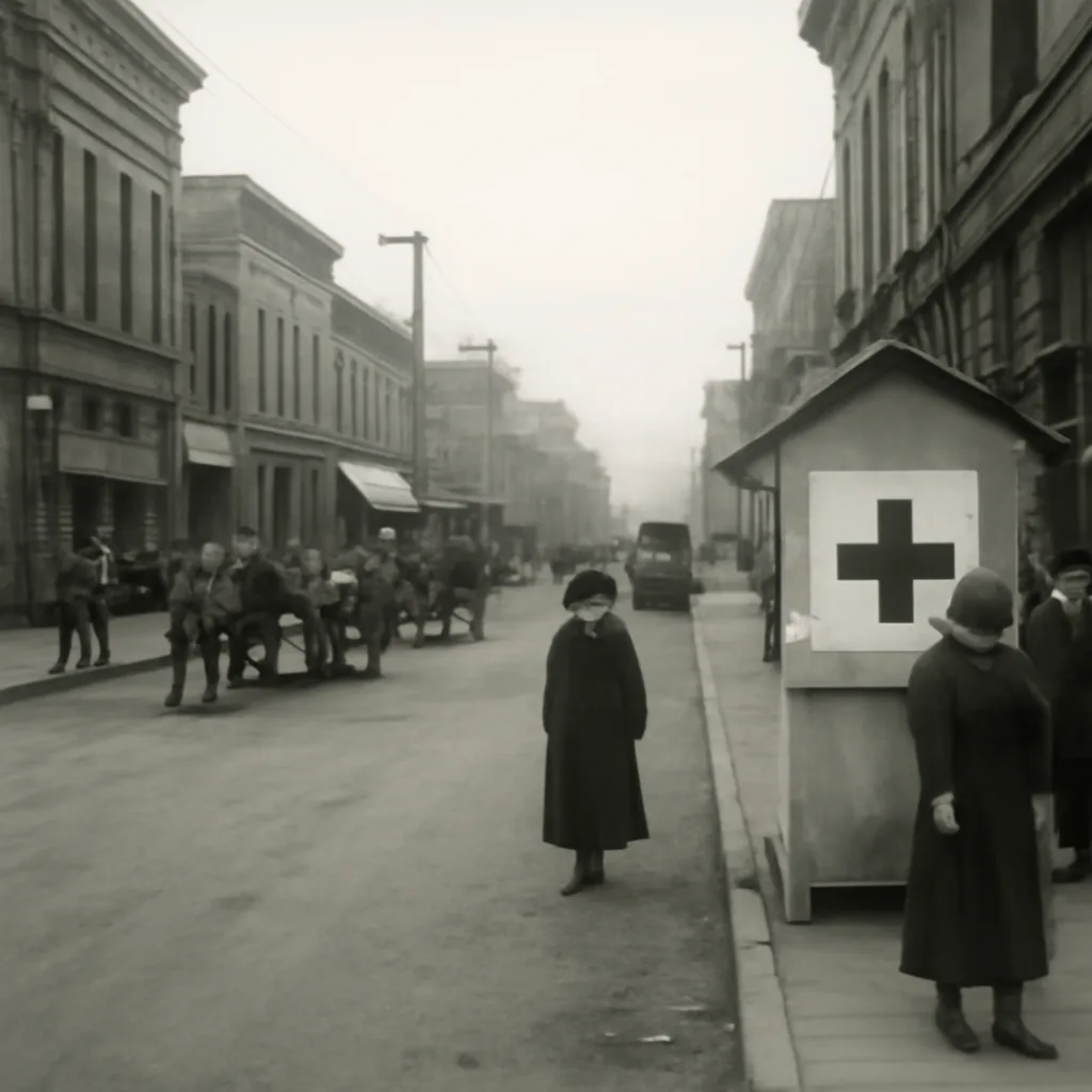 A broad street scene from 1920 showing people and horse-drawn carts outside closed shops and a temporary medical station; men and women wear early 20th-century clothing and some individuals wear period face coverings.