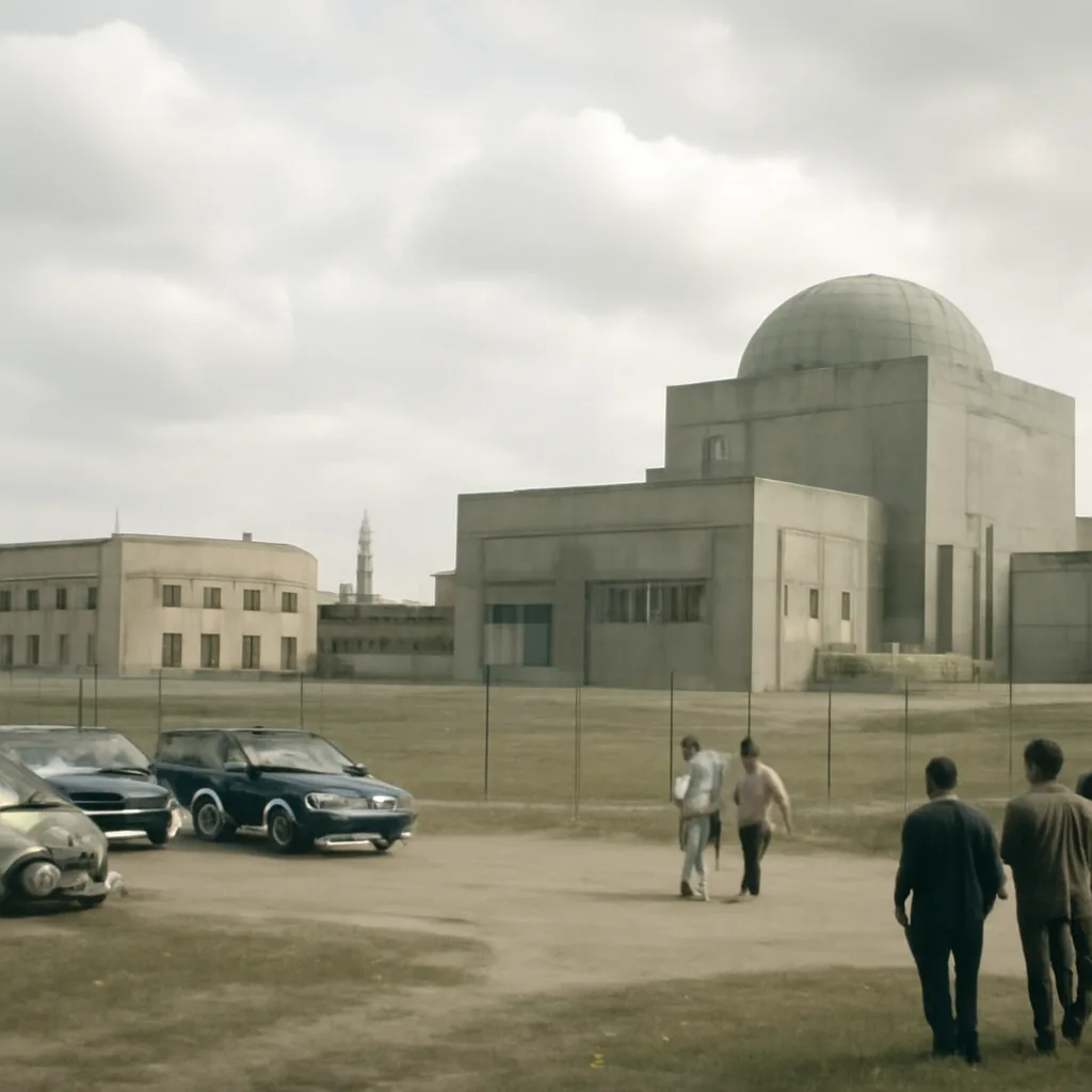 The Obninsk nuclear power plant site in the 1950s: low industrial buildings, a short reactor hall and surrounding fences under a clear sky, with period Soviet-era vehicles and workers in mid-20th-century workwear in the foreground.
