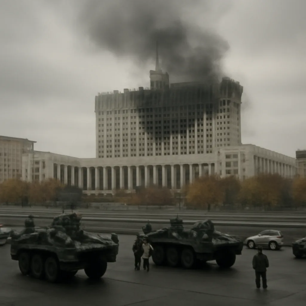 Armored vehicles and soldiers near the Russian White House (parliament building) in central Moscow during the 1993 constitutional crisis; smoke and damaged facade visible.