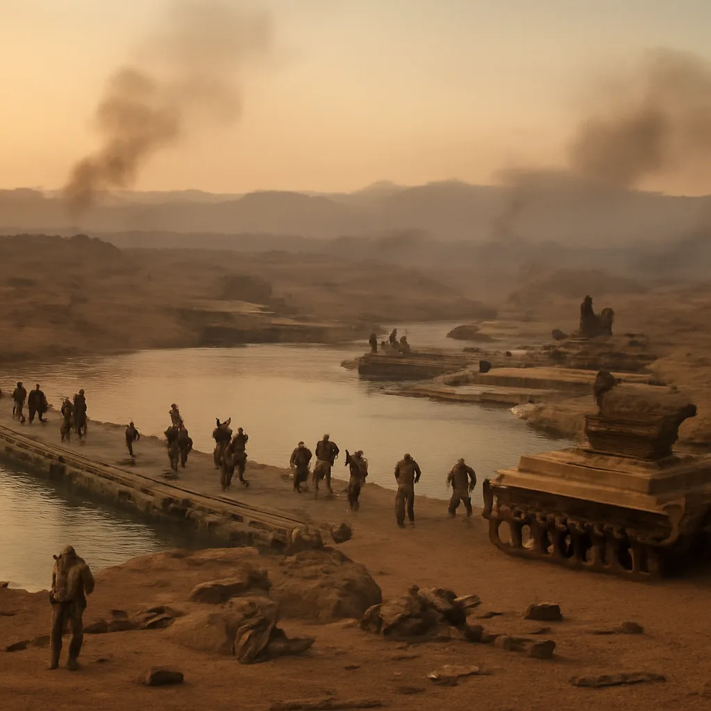 Egyptian troops and armored vehicles advancing across the Suez Canal area in October 1973; smoke from combat rises in the desert near coastal fortifications.