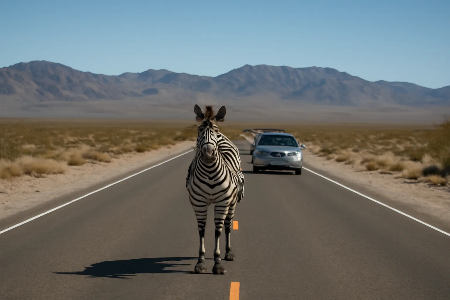 Zebra standing in the middle of a Nevada road with a car stopped behind it, surrounded by desert landscape and mountains