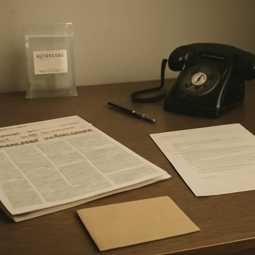 Envelope and broadsheet newspaper on a wooden table, with a typed letter visible but not legible; dated early 1970s materials, neutral lighting.