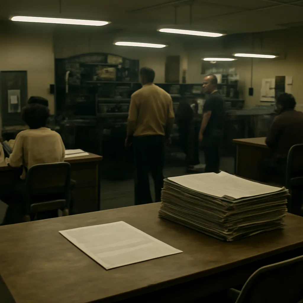 Newspaper pressroom in the early 1970s with stacks of folded Bay Area papers and an envelope on a desk; scene conveys newsroom handling of an incoming letter.